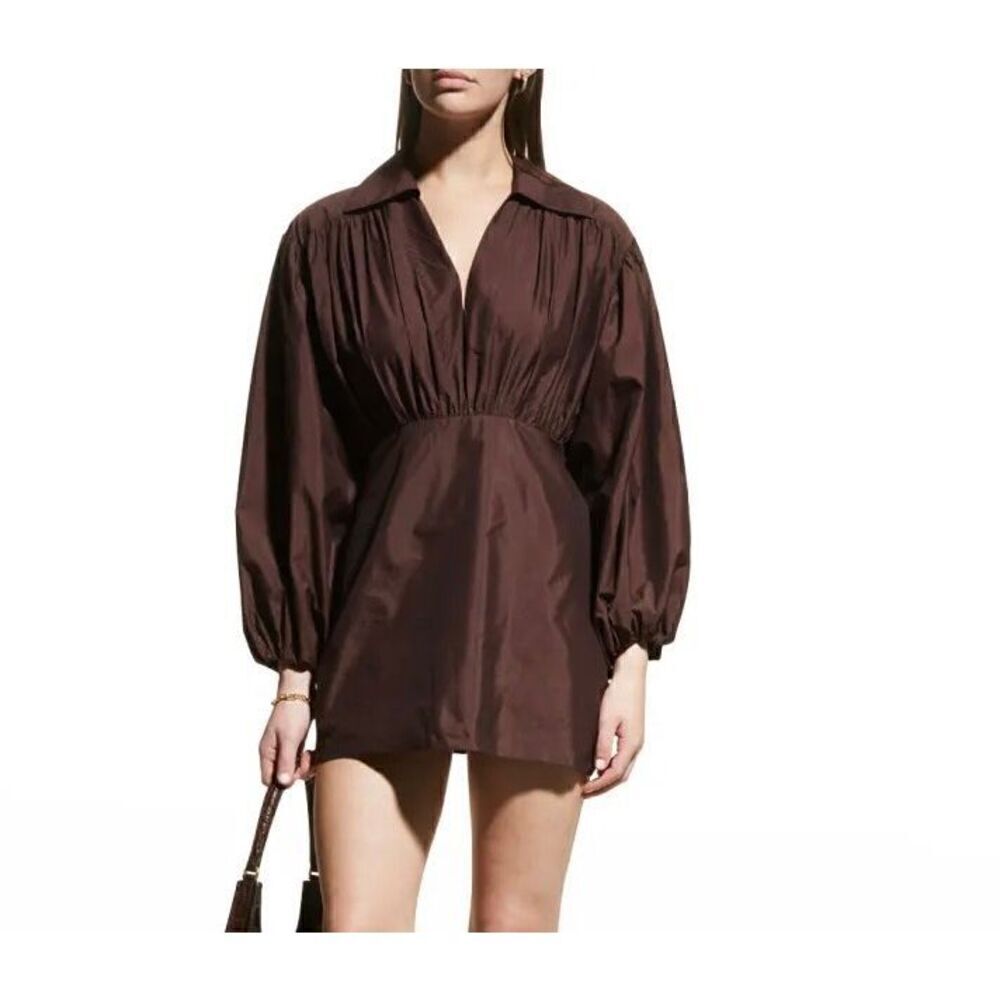 NWT Rohe Novi Pleated Chocolate Brown Balloon Sleeve Mini Dress Women’s 42 / 10